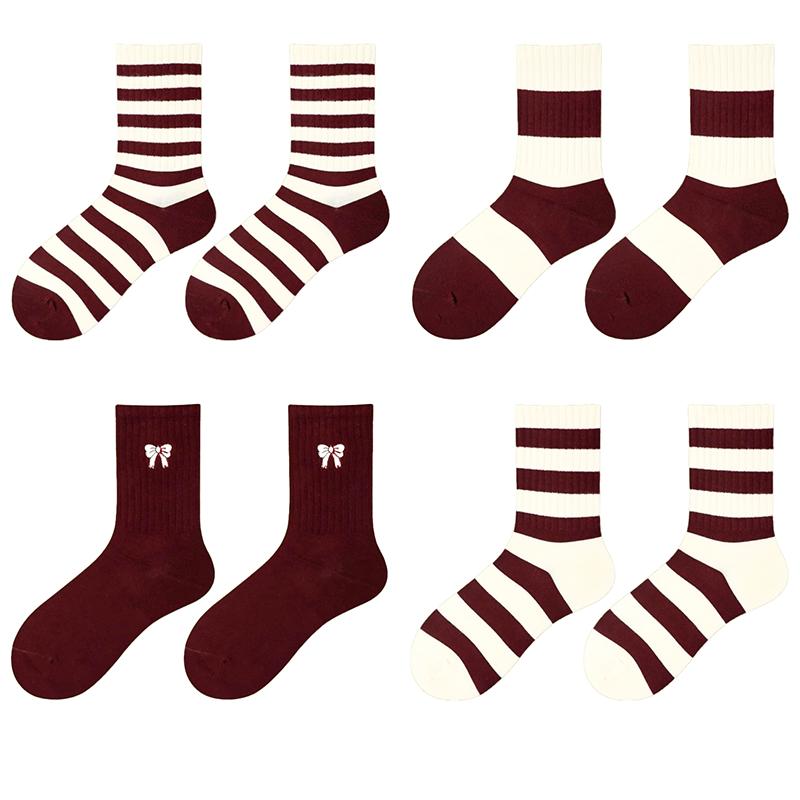 Ancora Women's Mid Tube Pure Cotton Socks Korean Style Bow Embroidery  Warm Breathable Festive New Year Girls Socks