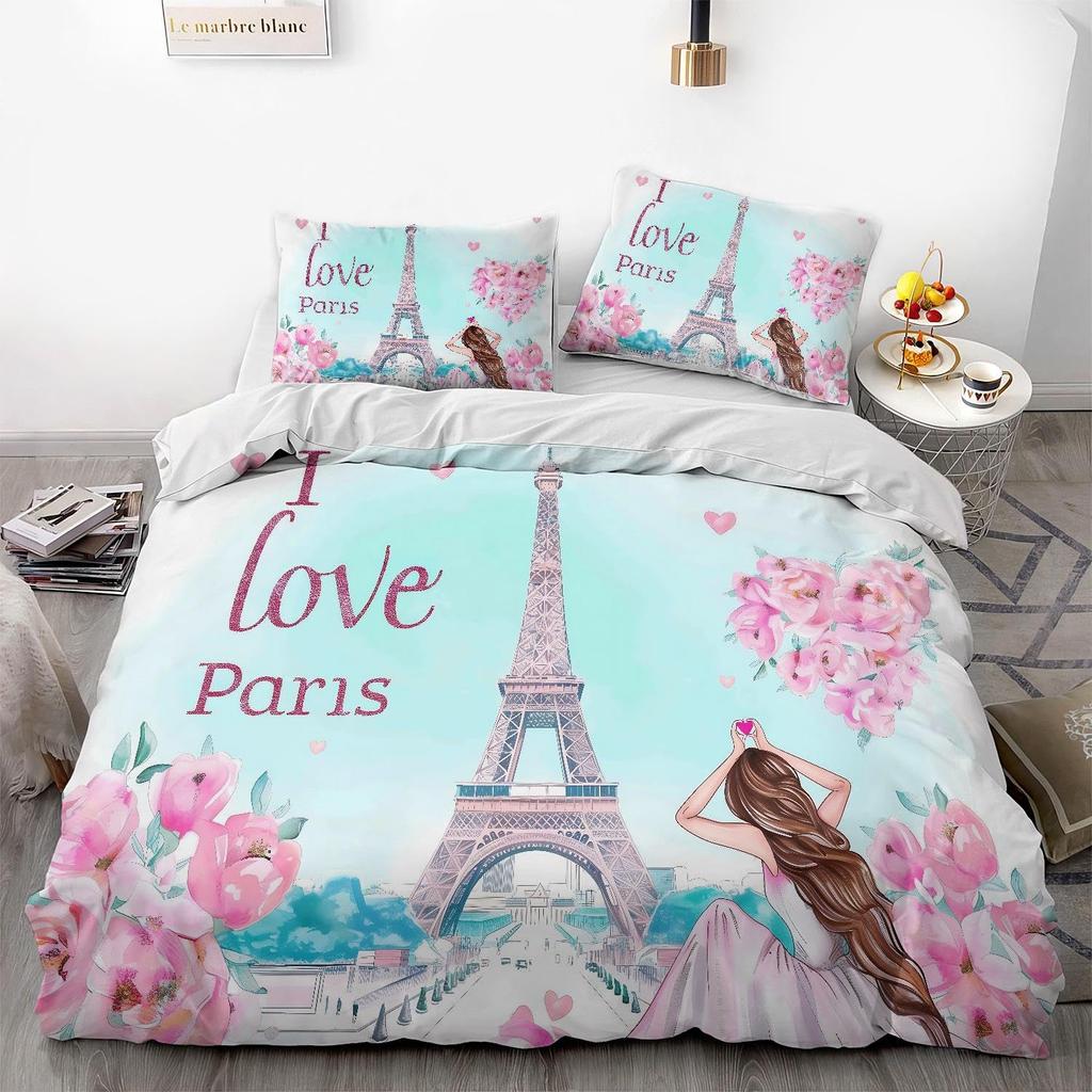 Eiffel Tower Duvet Cover for Teens Adults Queen Lightweight Down Quilt Covers Bedroom Decor 2 Pillowcases 1 Duvet Cover No Quilt