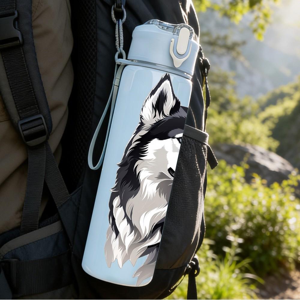 1PC Wolf Head Monochrome Line Art 750ml Color Plastic Sports Water Bottle Leakproof Flip Straw Lid Suitable for Sports Office Home Use