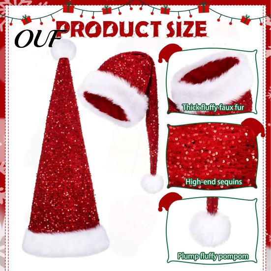 Sparkly Xmas Cap Christmas Santa Hat for Adults, Thicken Soft Velvet with Sequin Halloween Costume Decoration, Long Claus Holiday Party Cosplay