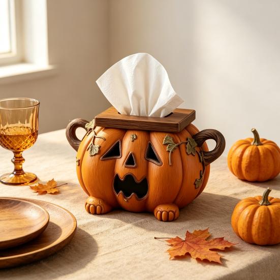 Novelty Home Accessory Halloween Pumpkin Tissue Box Holder, Resin Decorative Facial Funny Face Functional Fall Decoration Cover for Office