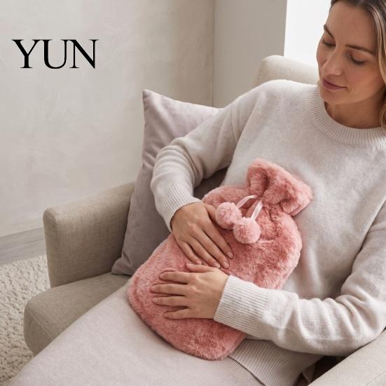 Winter Hot Water Bag 2L Bottle with Plush Cover, Pompom Drawstring Warm Bag, for Hands, Feet, Stomach Lightweight