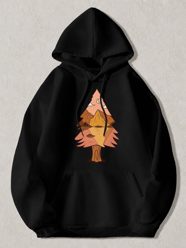 Black Hooded Sweatshirt with Mountain & Moon Tree Print - Casual Pullover Hoodie Suitable for Outdoor Hiking - Wear Machine Washab