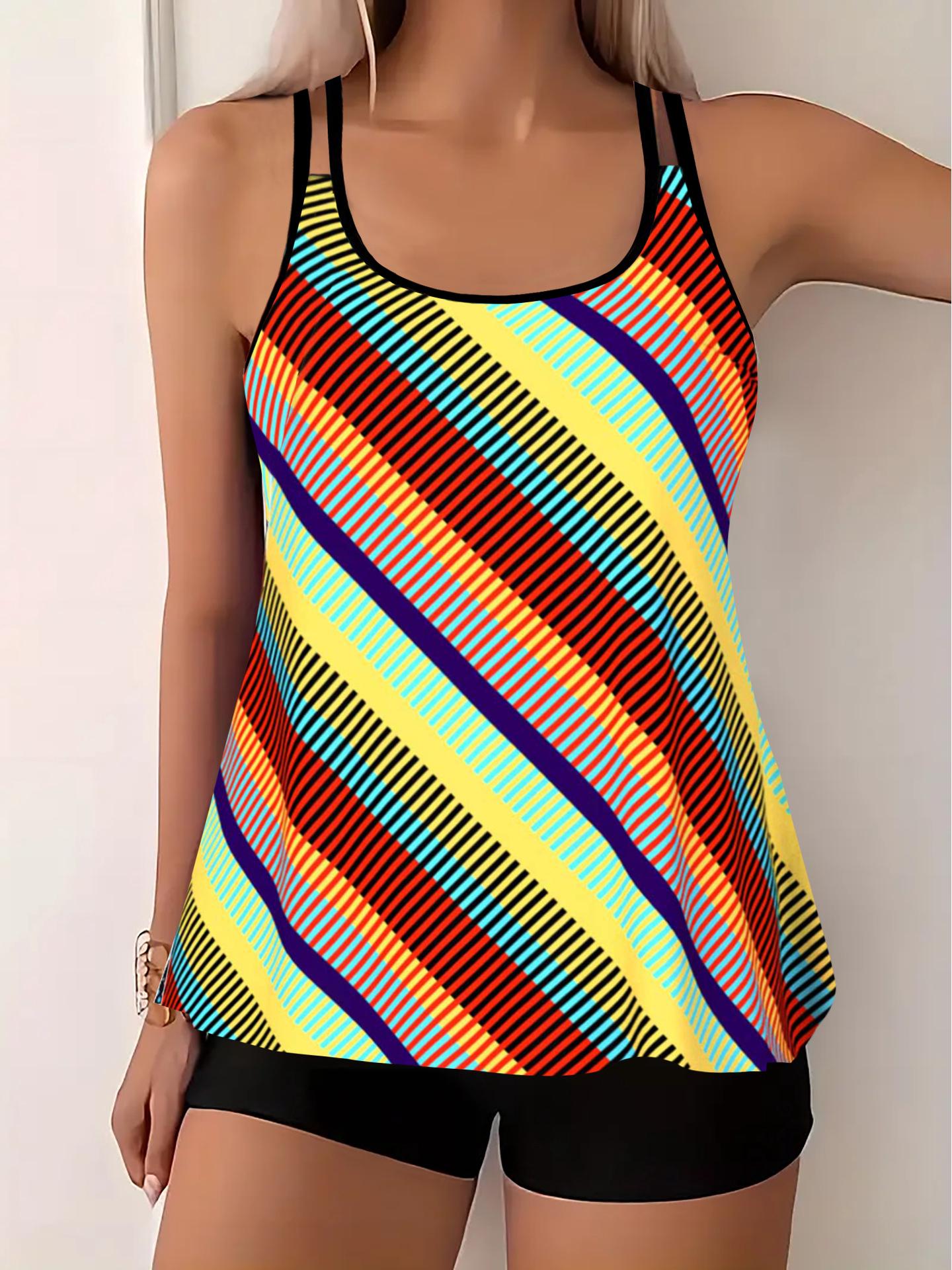 

2025 Plus Size Teal Striped Polka Dot Tankini Set for Women S