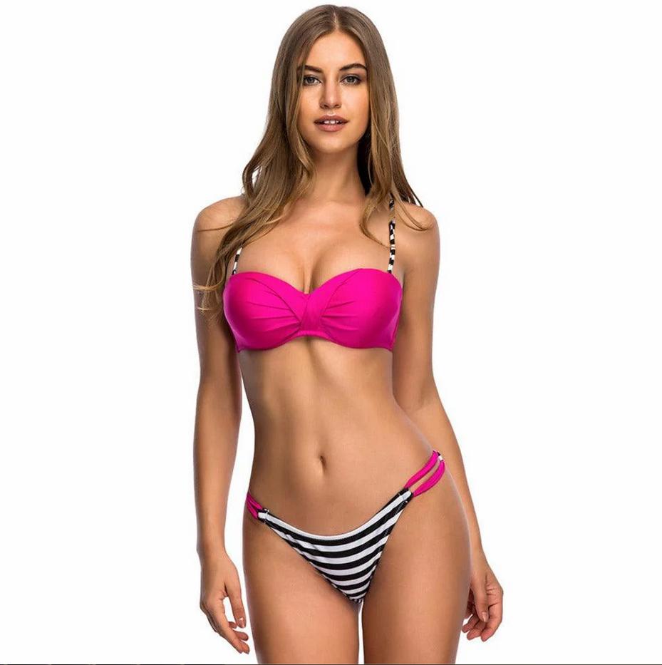 Women's two-piece padded swimsuit, pink top and bottom set, XL Women's two-piece padded swimsuit, pink top and bottom set, M