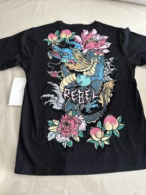 Graphic Colorful Dragon & Flowers Black 100% Cotton T-shirt Mens Tees Top
