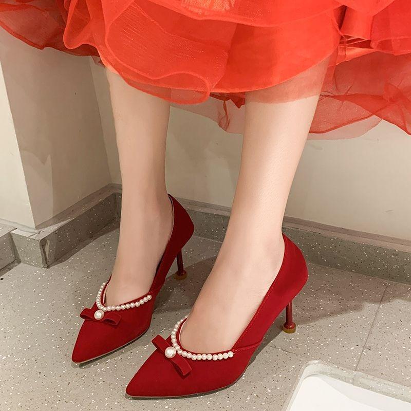Commuter Versatile Pearl Point Shallow Mouth Versatile Medium Heel Coarse Heel High Heels Single Shoes Spring and Autumn New