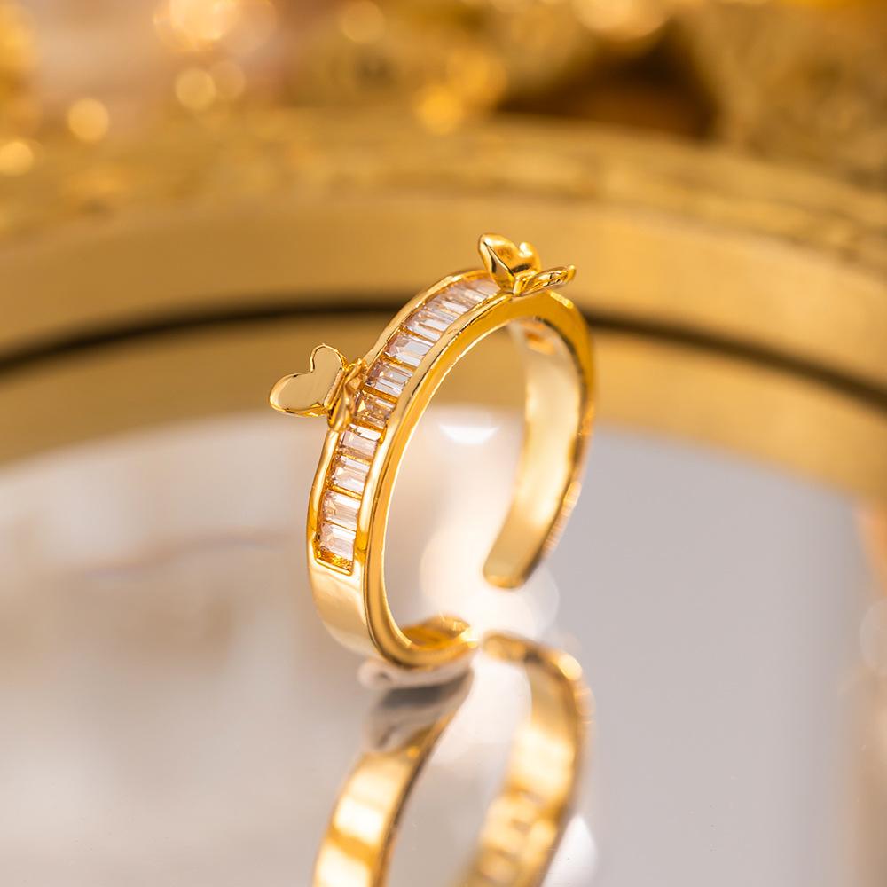 Exquisite super flash zircon ring for girls, light luxury, high-end sense opening adjustable ring, simple real gold electroplating