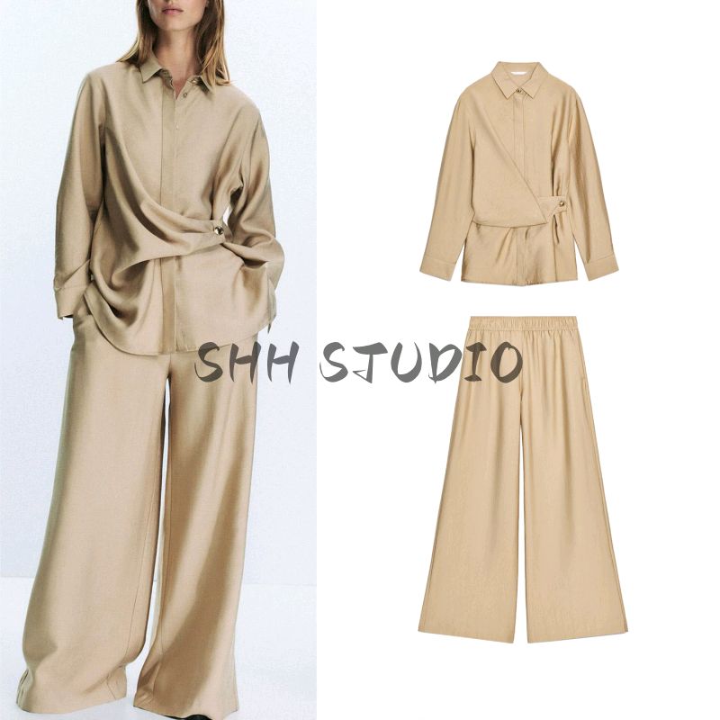 Long Sleeves Gold Button Decoration Double Breasted Shirt 7484053 High Waist Elastic Waist Wide Leg Pants 7484251