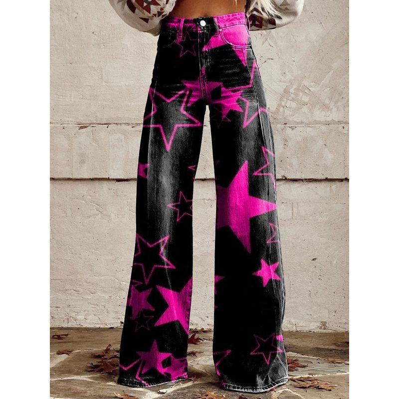 

and American Cross-Border Export Cool GIRL S Casual Trousers Print Wide Leg Pants Bootcut Trousers Mid Waist Plus size High Slimming Spring and Summer Figure 5 L (Waist 80)