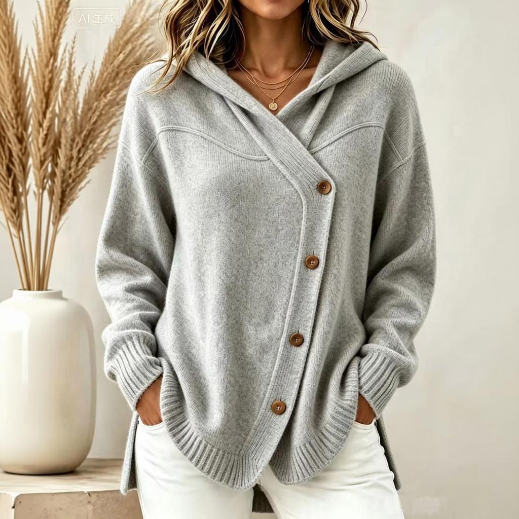 Women's Casual Loose Fit Long Sleeve Button Down Hooded Knit Cardigan Sweater