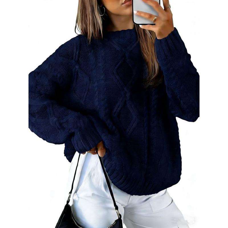 Twisted Cable Knit Crew Neck Loose Long Sleeve Sweater For Autumn Winter