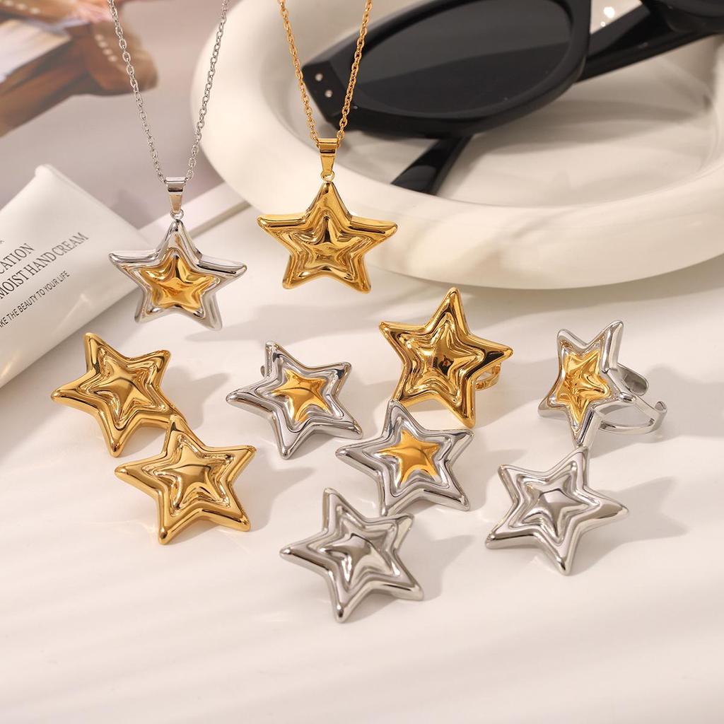 Ensemble de bijoux en acier titane étoile à cinq branches: Collier, Boucles d'oreilles et Bague en Or 18K et Argent