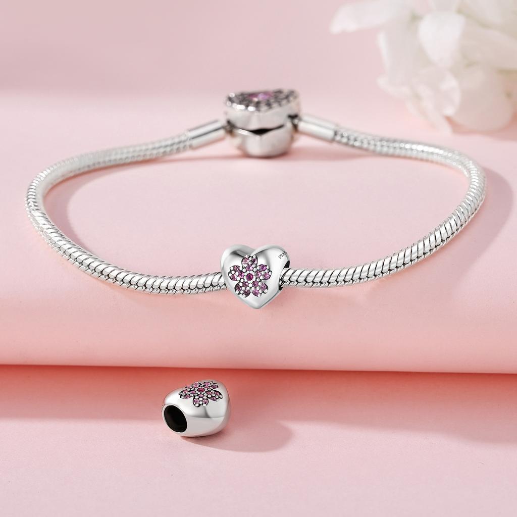 Beads Copper Charms Original Heart Zircon Peach Blossom Beads Fit Bracelet Jewelry Diy Women Fine Gift Accessory