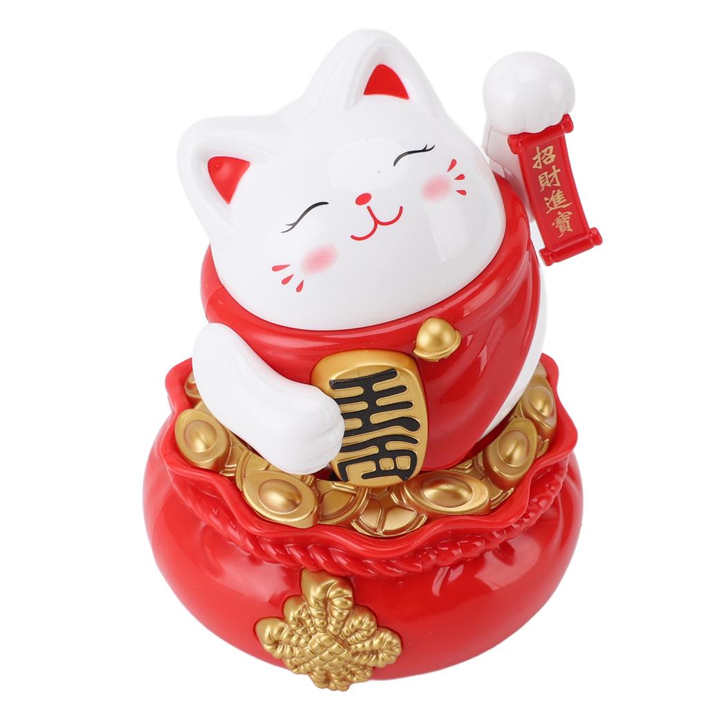 Solar Powered Lucky Cat Decorative Wealth Welcoming Waving Arm Fortune Cat Ornament for Home Car Restaurant Cafe White