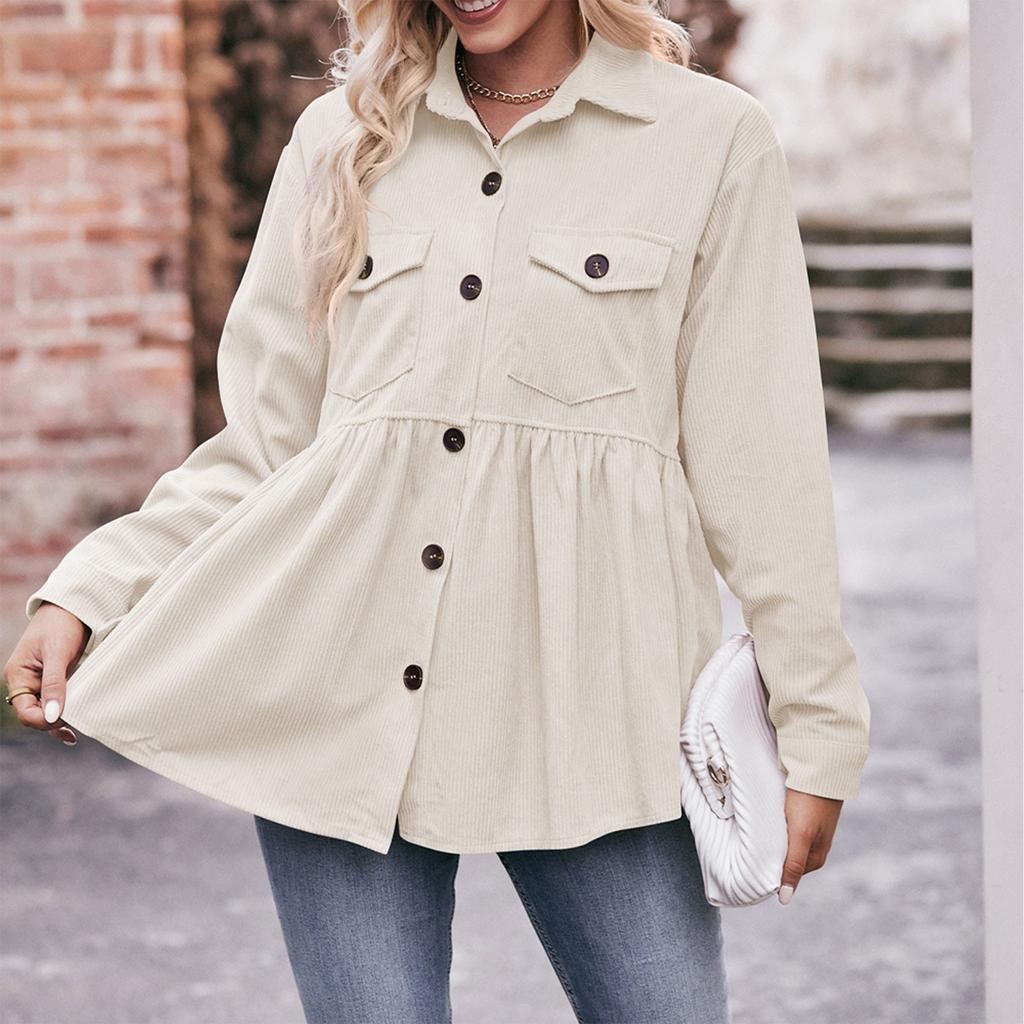 Women's Casual Long Sleeve Stand Collar Corduroy Solid Color Top Shirt