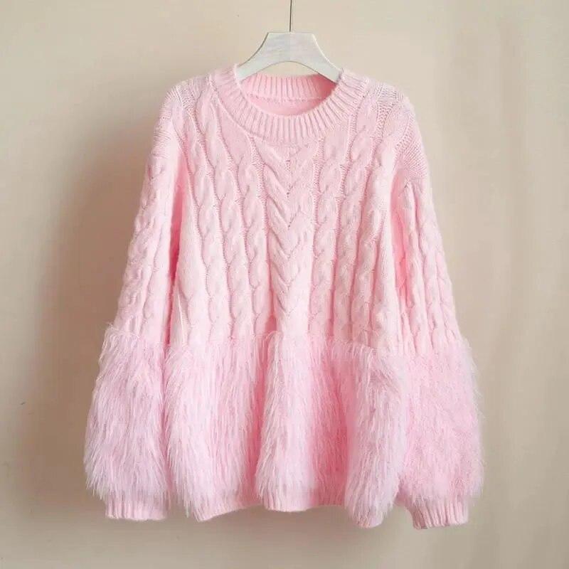 Pink Tassel Women's Sweater Short Sweet Knit Fried Dough Twist Pullover Loose Pull Jumper Thicken Keep Warm Long Sleeve Top Autumn Winter