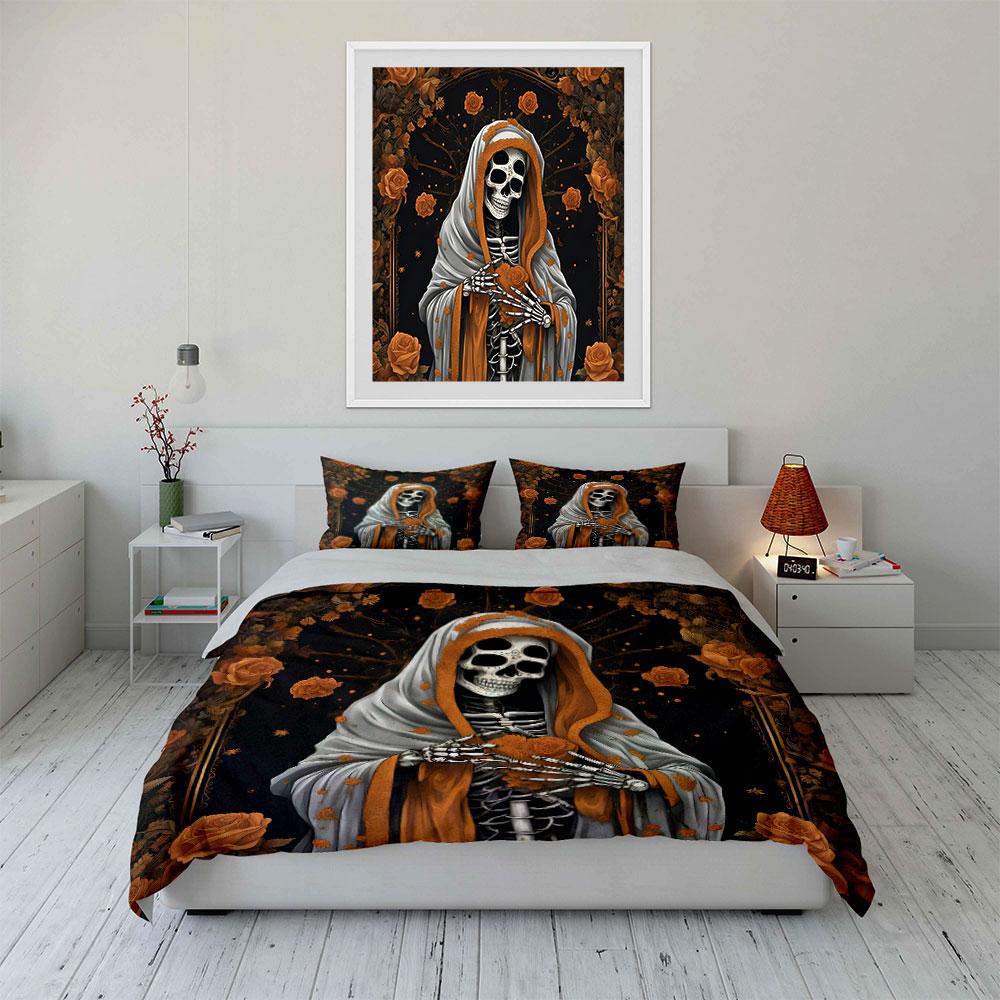 Skeleton In Cloak with Roses Bedding Duvet Cover Set (1*Duvet Cover 2*Pillowcases, Without Duvet Insert)