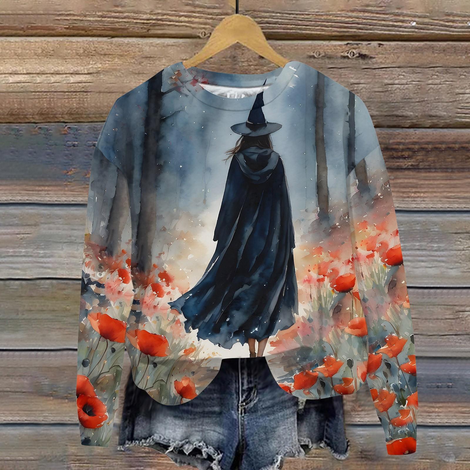 

Женский Хэллоуин с принтом, круглым вырезом и длинными рукавами, свободный крой, повседневный топ с длинными рукавами и длинными рукавами S синий