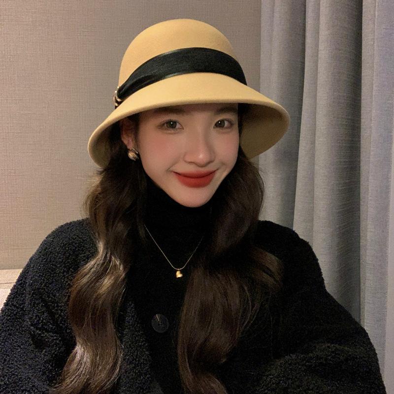 Hat women's autumn and winter casual retro wool bucket hat British fashion versatile woolen basin hat elegant top hat