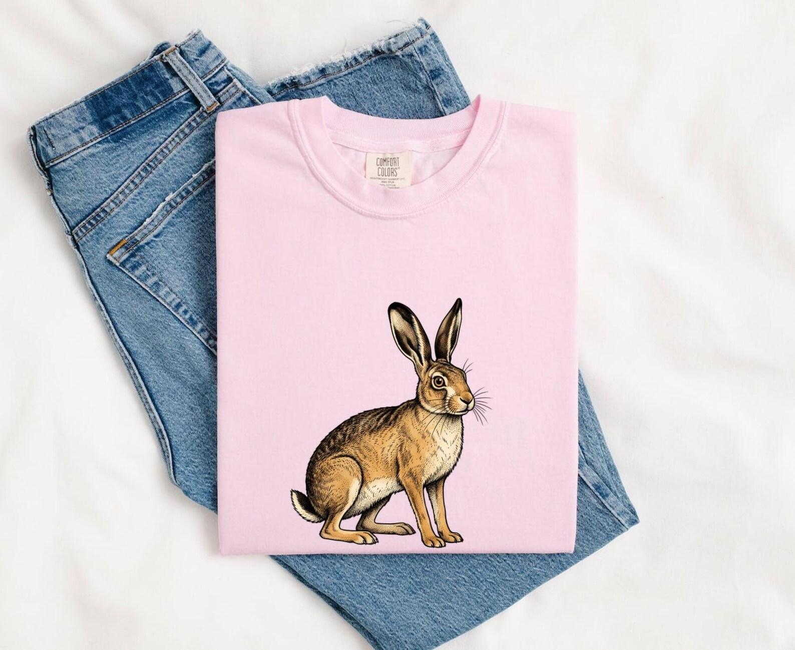Rabbit Illustration Shirt Easter Outdoors Gift Women Old School Tee Bunny T-Shirt Easter Fan Vintage Tshirt Nature Graphic Doodle Pet Tshirt 2XL