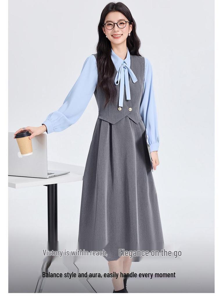Age-Defying Preppy Vest Dress Set for Female College Students - Ideal for Exams & Interviews, Includes Shirt and Vest Dress