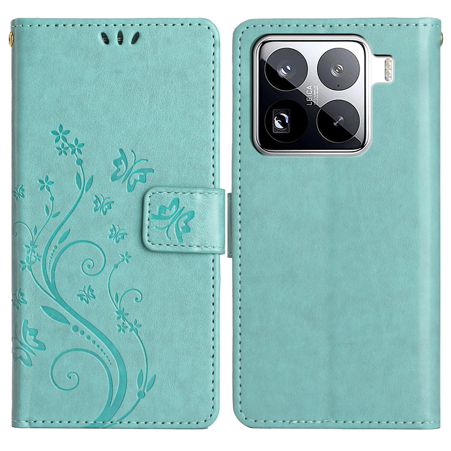 

For Xiaomi 15 Pro Leather Wallet Case Butterfly Flower Imprinted Phone Cover with Strap Baby Blue