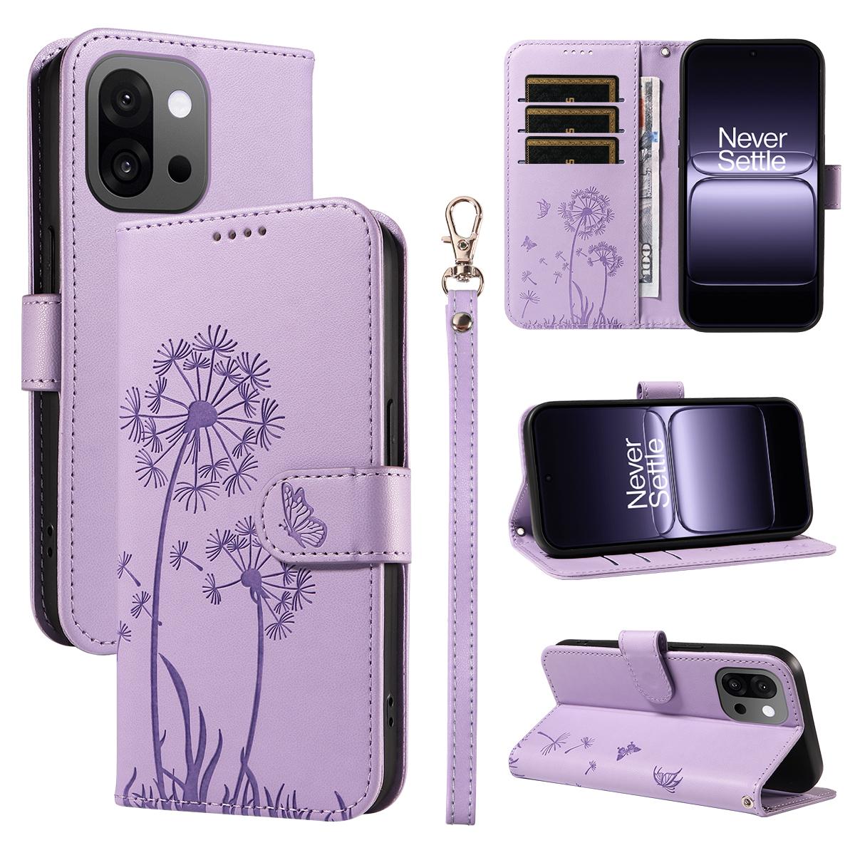 

For OnePlus 13T 5G Leather Wallet Case with Strap Dandelion Imprint Phone Stand Cover Purple
