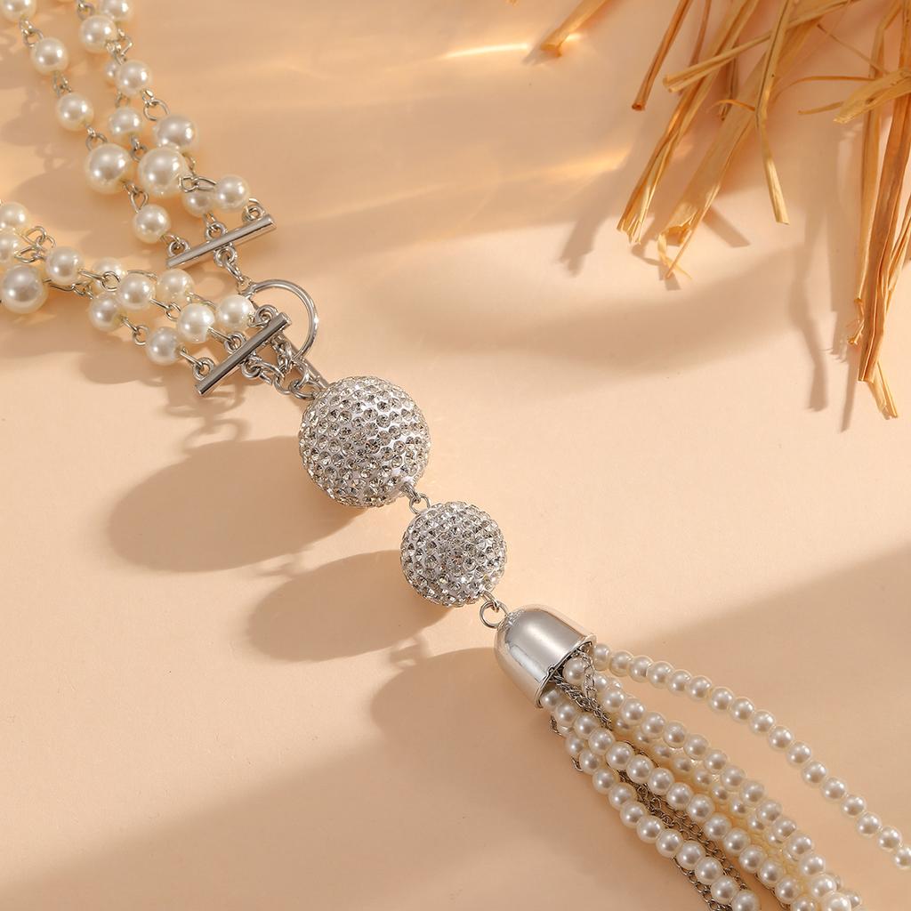 Heavy Industry Hand Woven Full Diamond Imitation Pearl Tassel Pendant Necklace Collarbone Chain for Women