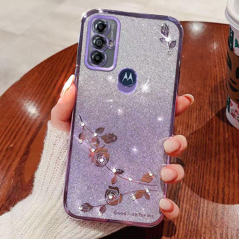 Phone Case For Motorola Moto G Play 2023, Flash Pink Flower Transparent Shock Protection Luxury Diamond Shining Protective Cover