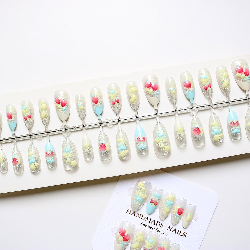 3D Stereo Cherry Almond Wearable Nails with Blue Bow French Tip Design