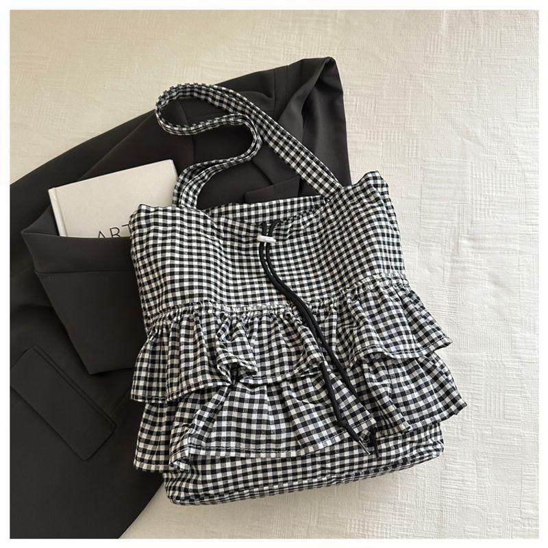 

Cute Preppy Checked Cloth Bag Women 2025 Summer New South korea Large Capacity Lace Large Capacity Tote Bag Black