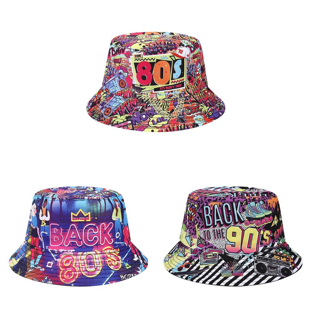 80s 90s Vintage Geometric Print Fisherman Hat With Sun Protection For Outdoor Activities