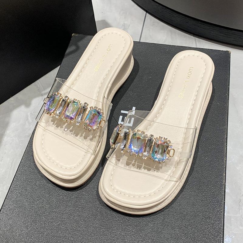 Muffin Thick-soled Wedge Slippers Female Summer Wear Internet Celebrity Fairy Wind Transparent Rhinestone Word with Sandals High Heel Sandals