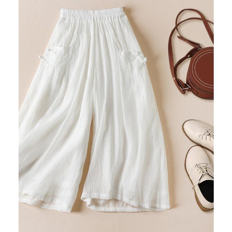 Skutečná fotografie léto nové literární volné jednobarevné bavlněné a lněné elastický pas široké nohavice devítibodové kalhoty ženy