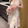 Women's summer print new sexy ice silk nightdress suspender skirt split fork pure desire pajamas with chest pads loungewear