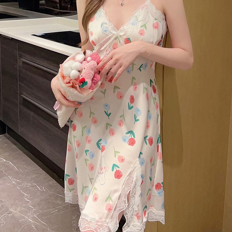 Women's summer print new sexy ice silk nightdress suspender skirt split fork pure desire pajamas with chest pads loungewear