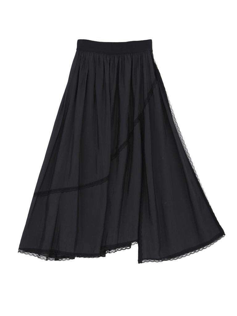 Dijainowol Lace Asymmetrical Elastic Waist Long Skirt_Black