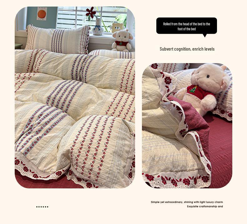 New Floral Jacquard Lace Cotton Duvet Cover Set - Four Pieces with Textured Embroidery