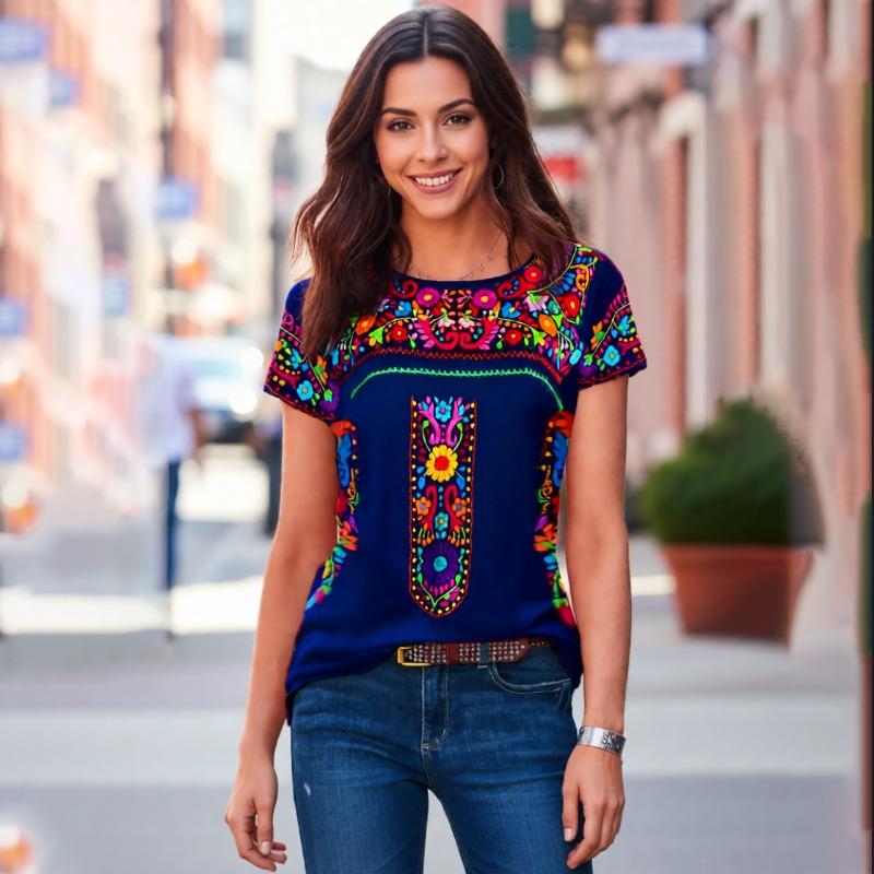 Summer Ethnic Colorful Floral Pattern 3d Print Round Neck Short Sleeve T-Shirt Casual Versatile Women s Top S