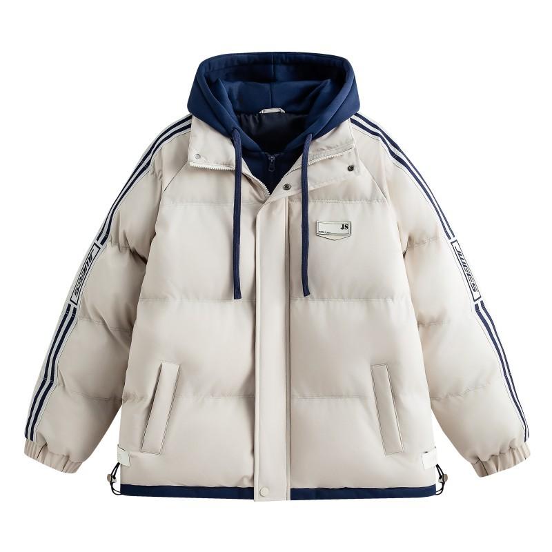 

Autumn and Winter Cotton-padded Clothes Men s Hooded Fake Two-piece Cotton Clothes Couple Cold-proof Thickened Jacket Warm Trend Stripes S хаки