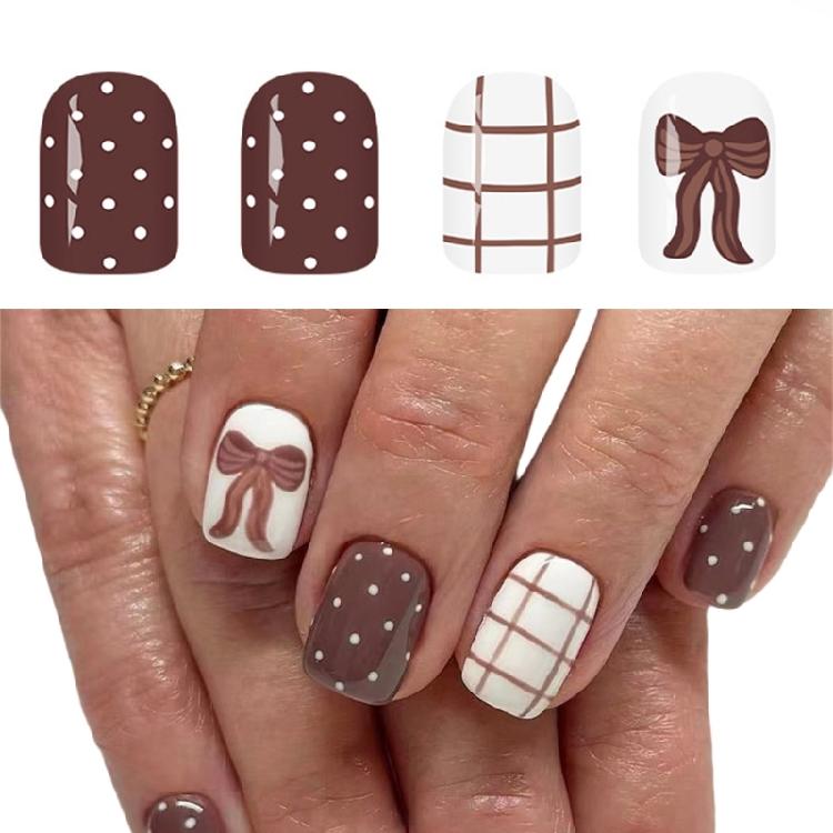 24 Glossy Short Square Fake Nail Coffee Brown Bowknot Checkered Pattern White Polkas Dots ABS Material For Fall Winter Manicure