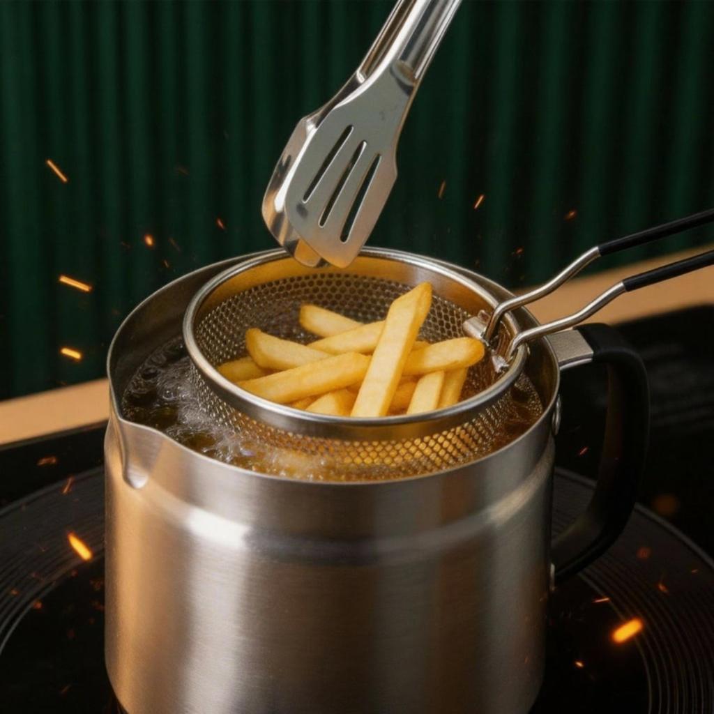 Oil Strainer Pot with Gripper 304 Stainless Steel Basket Fine Mesh Container Tongs