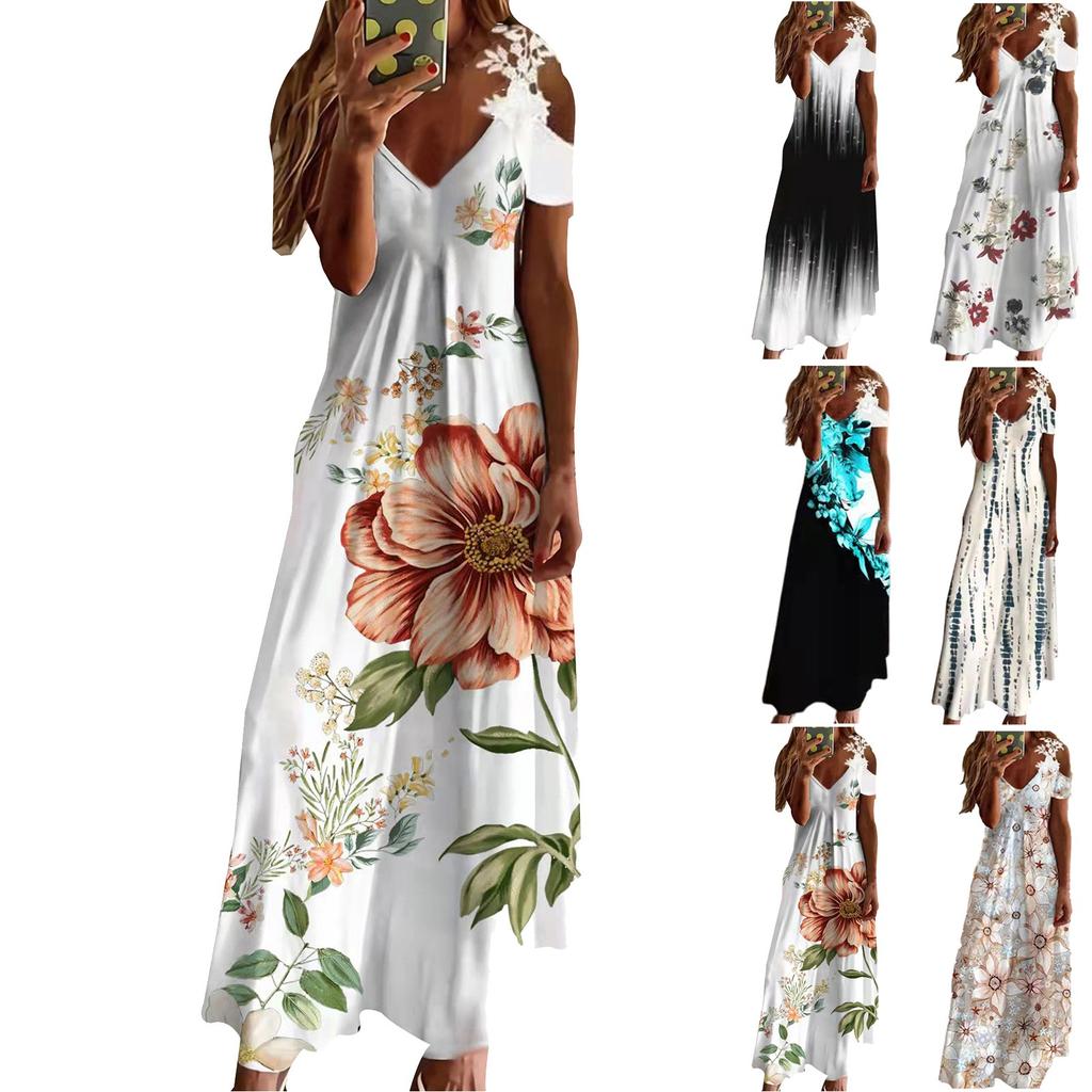 Damenmode Sommerkleid mit V-Ausschnitt, schulterfrei, kurzärmlig, Spitzenbesatz