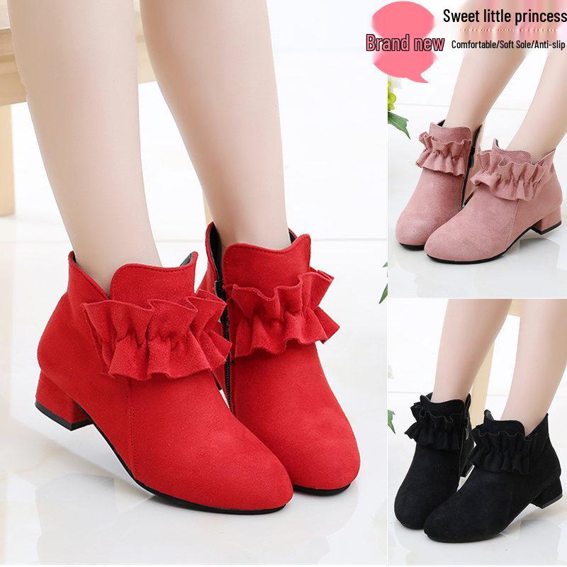 Girls' High Heel Princess Boots - Autumn Winter 2025 Fleece-Lined Short Boots for Kids