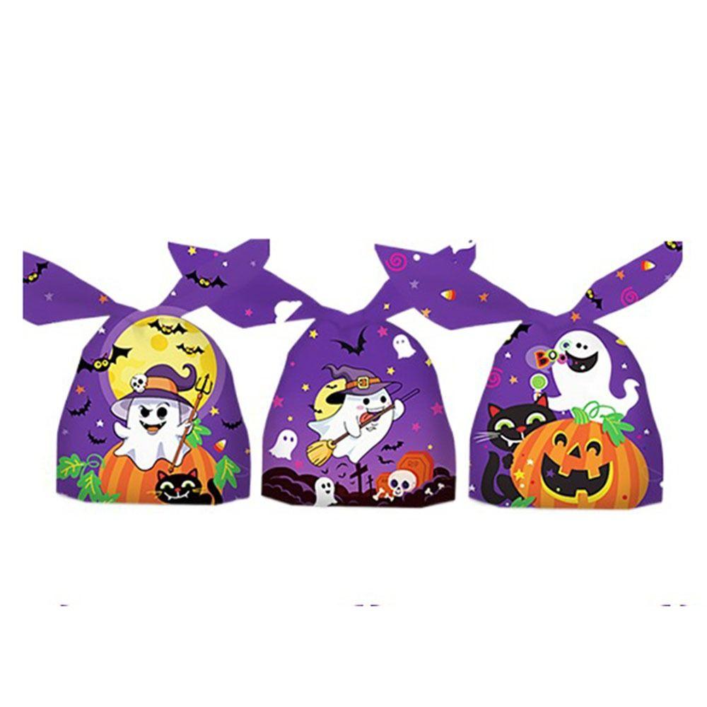 50pcs/bag Pumpkin Cat Ghost Printed Halloween Candy Bag Rabbit Ear Plastic Bag  Halloween Party