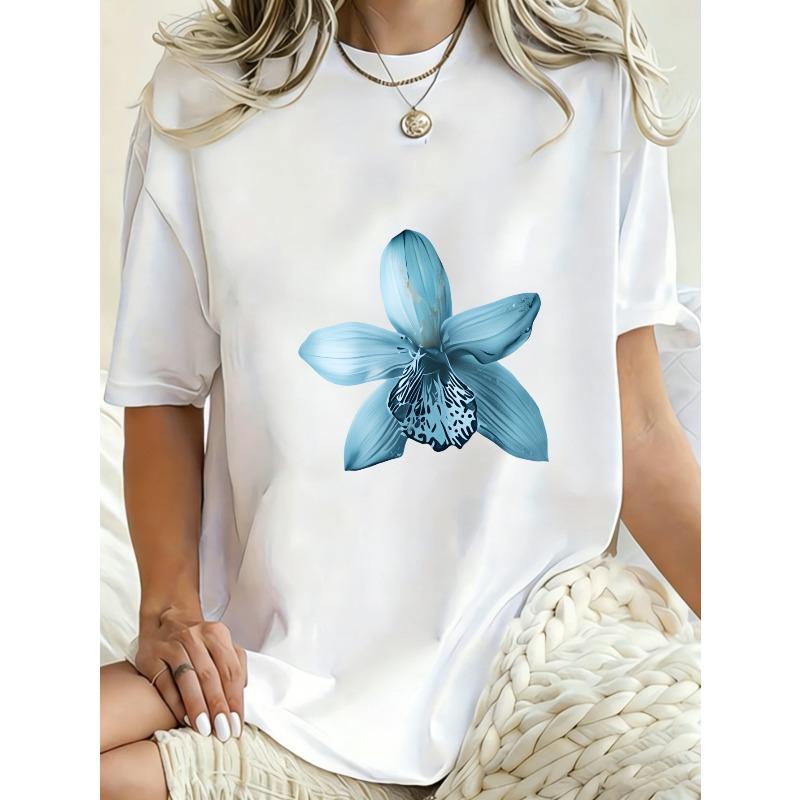Übergroßes T-Shirt-Kleid Schwarz Blau Orchideen-Blumendruck Lässiger Streetwear-Stil Für Damen Sommer-Outfit