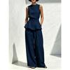 Elegant Commuting Pure Color Ruffled Hemmed Fitted Waistless Sleeveless Top Paired with Loose and Smooth Wide-leg Pants for Women's Two-piece Set