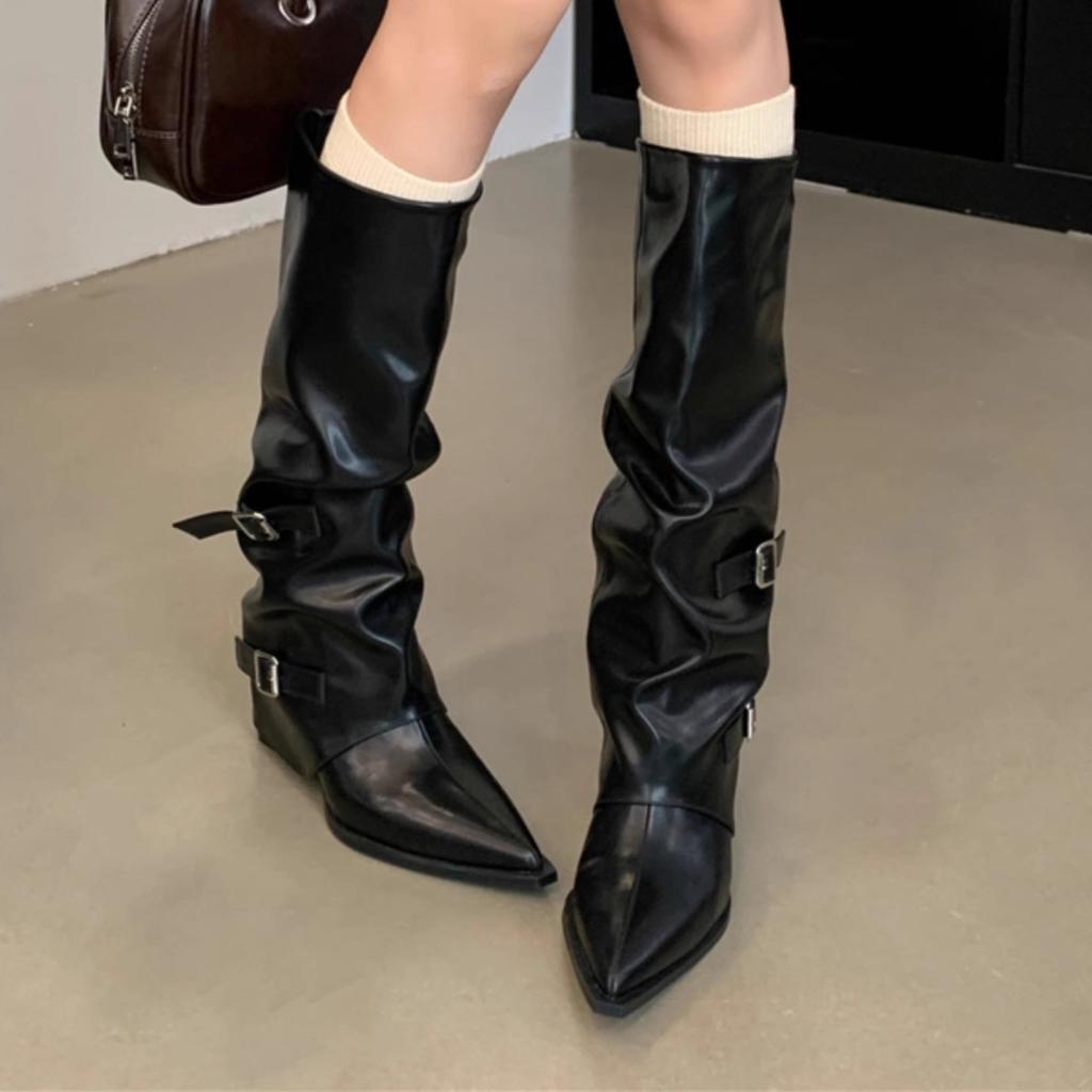 Smailpapēžu, krokotas, ar bārkstīm zābaki 2025. gada pavasara un rudens punk stila bruņinieku zābaki ar vidēju papēdi, ceļgala zābaki