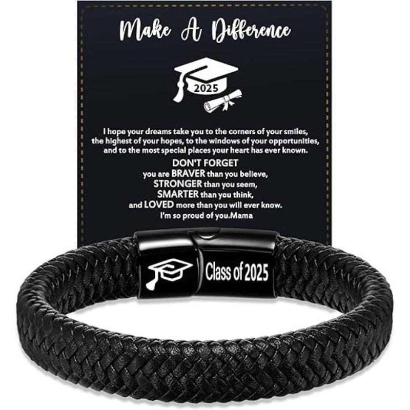 Magnetic Stainless Steel Leather Bracelet, Hand-woven for Men, with Personal Message Engraved on It
